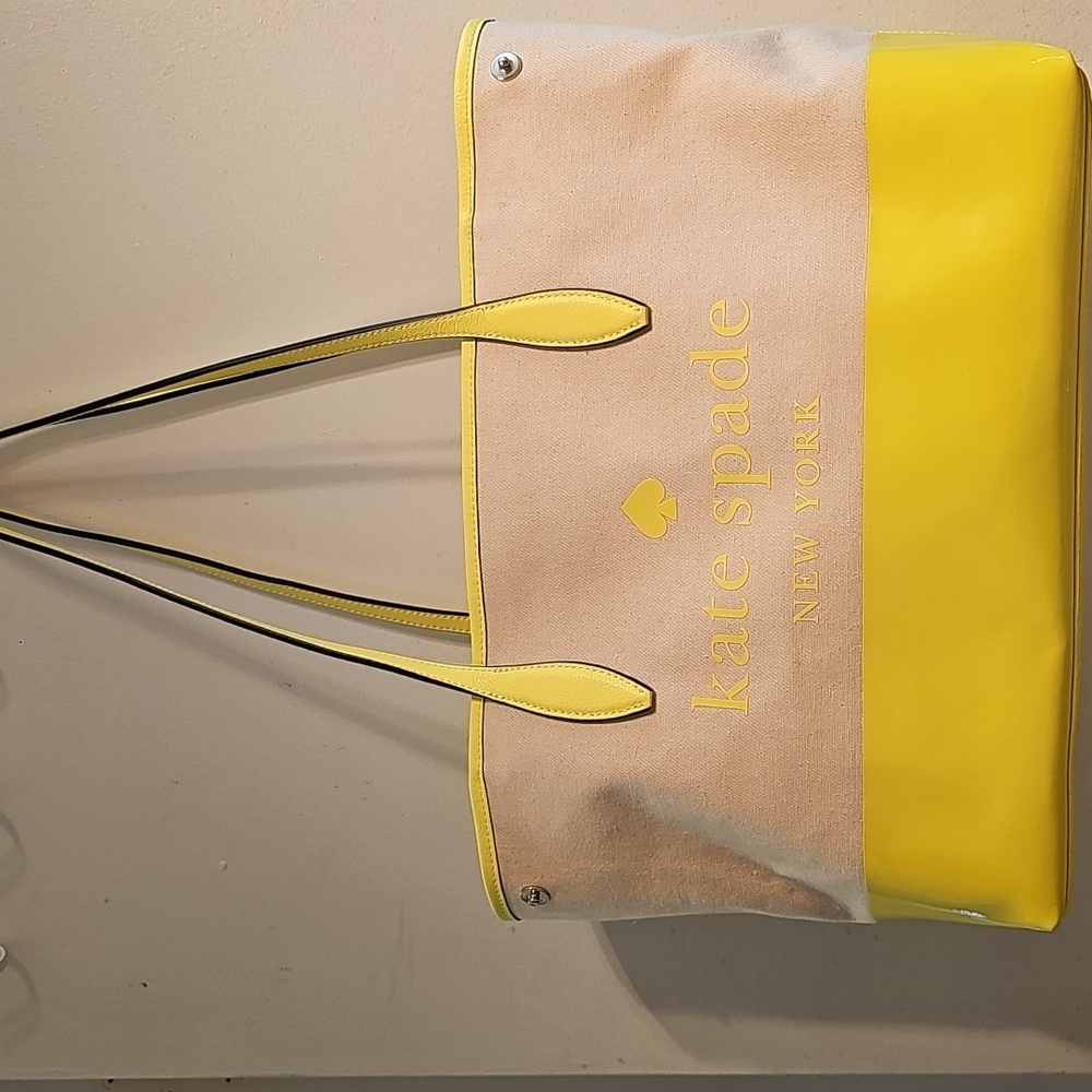 Kate Spade Vibrant Limelight Yellow and Cream Patent Leather & Canvas Tote Bag